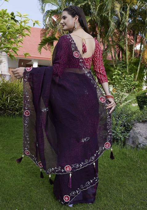 Purple Petch And Jardosi And Diamond Hand Work Chiffon Saree Set
