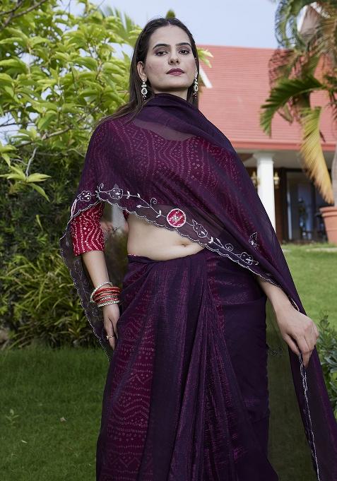 Purple Petch And Jardosi And Diamond Hand Work Chiffon Saree Set