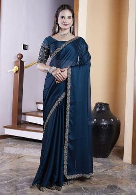 Teal Blue Embroidered Chiffon Saree Set