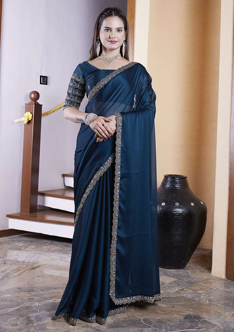 Teal Blue Embroidered Chiffon Saree Set - Indya