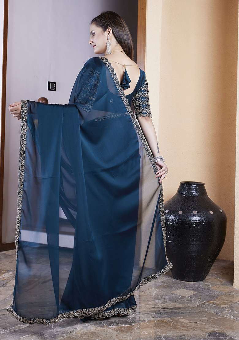 Teal Blue Embroidered Chiffon Saree Set - Indya