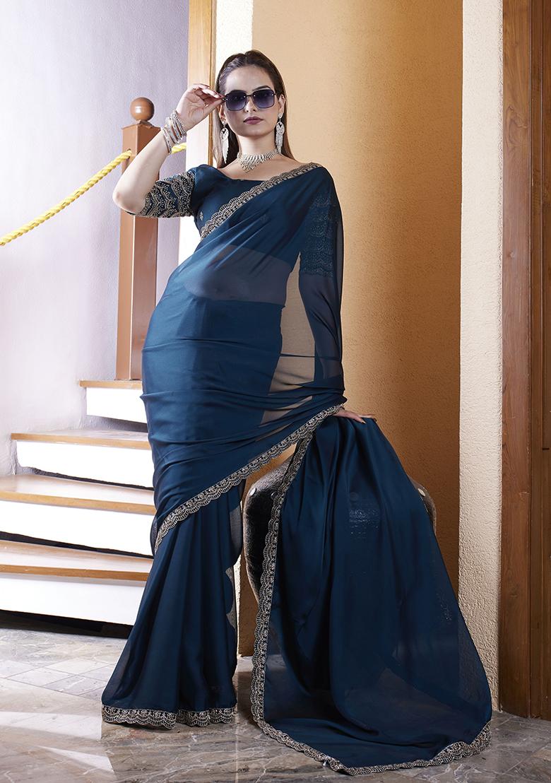 Teal Blue Embroidered Chiffon Saree Set