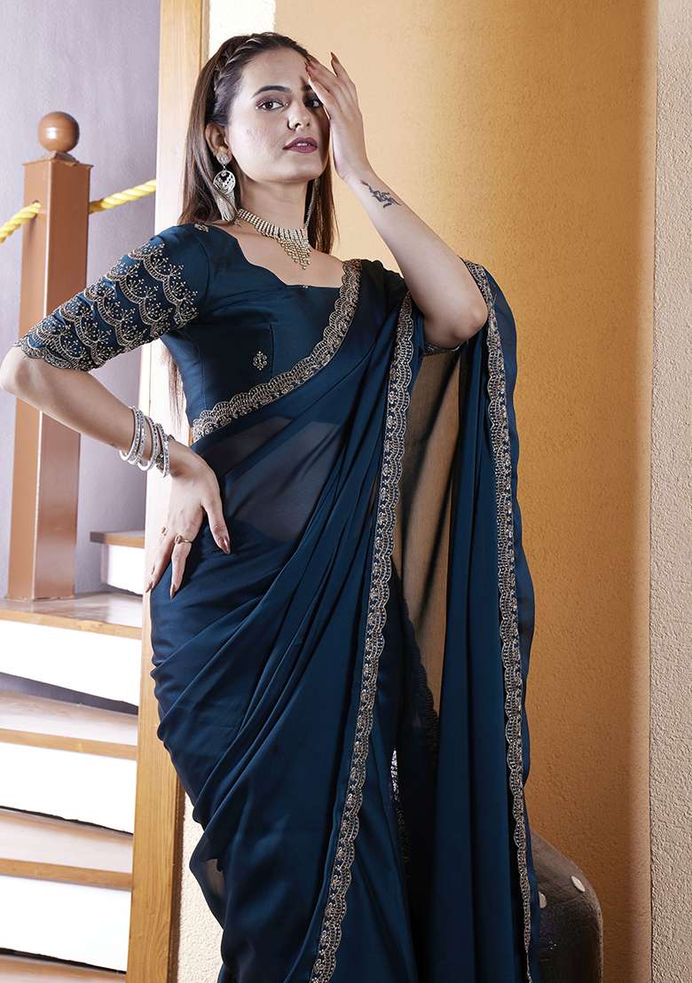 Teal Blue Embroidered Chiffon Saree Set - Indya