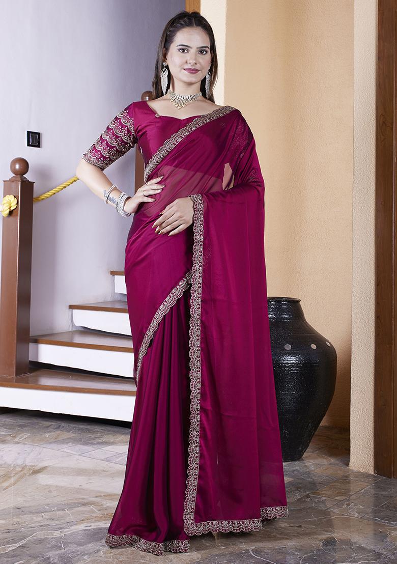 Maroon Embroidered Chiffon Saree Set