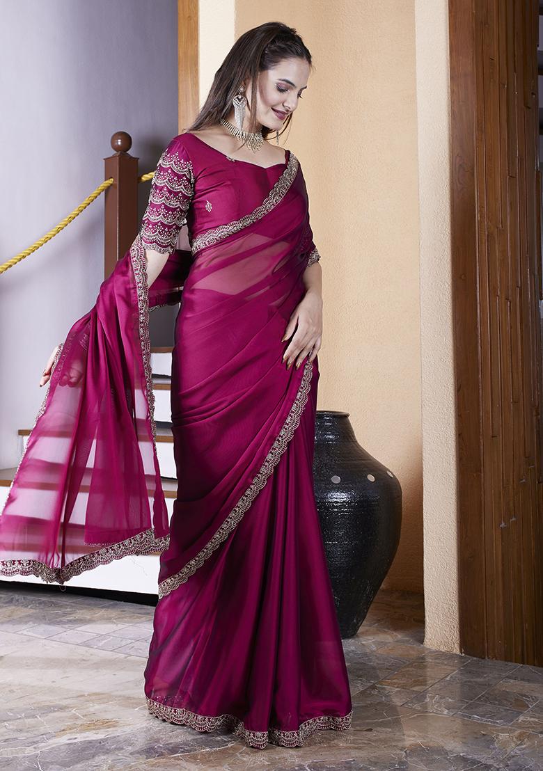 Maroon Embroidered Chiffon Saree Set