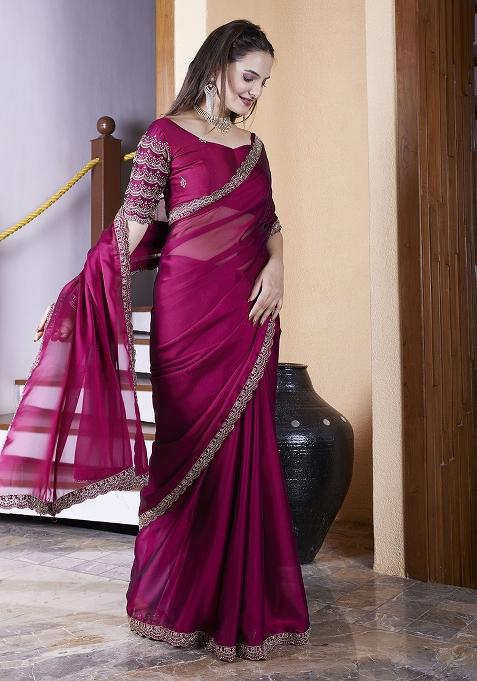 Maroon Embroidered Chiffon Saree Set
