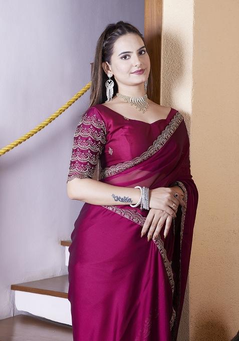 Maroon Embroidered Chiffon Saree Set