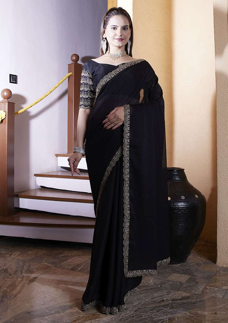 Black Embroidered Chiffon Saree Set - Indya