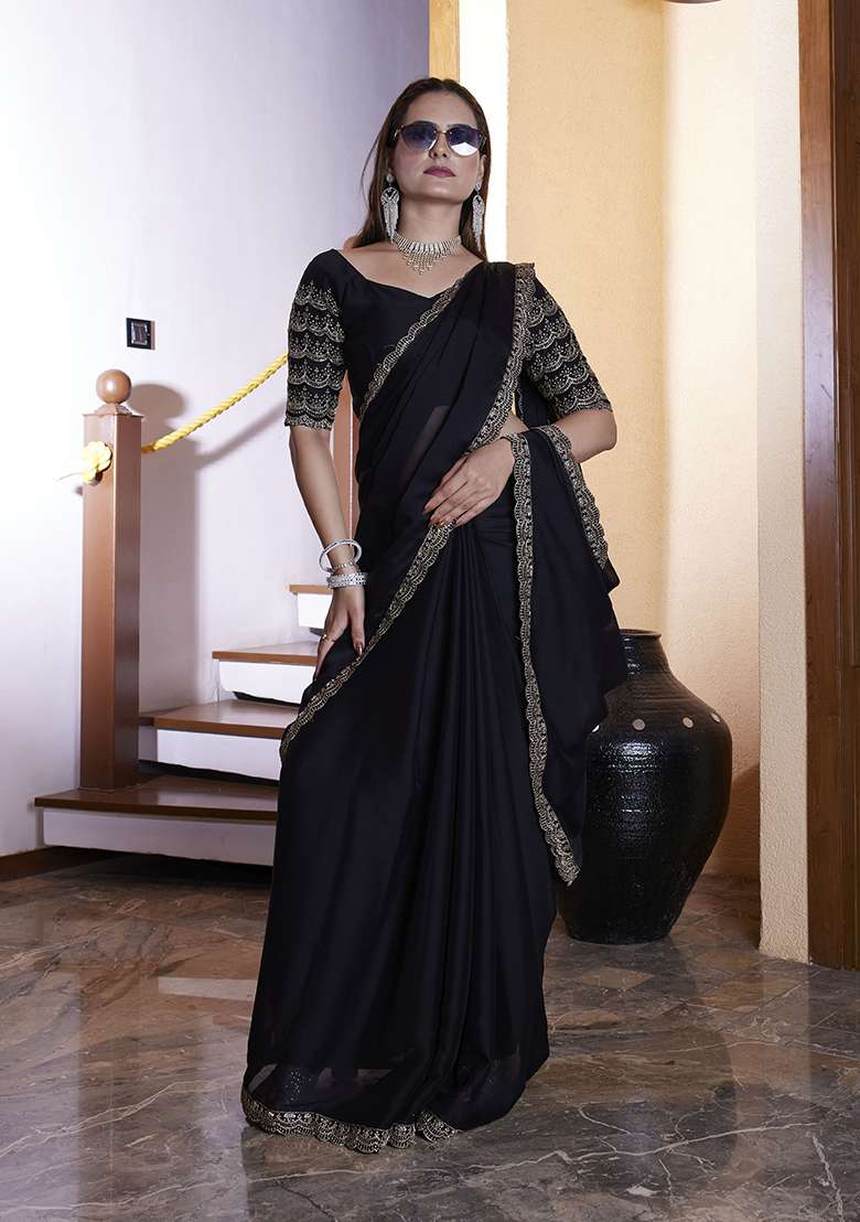 Black Embroidered Chiffon Saree Set - Indya