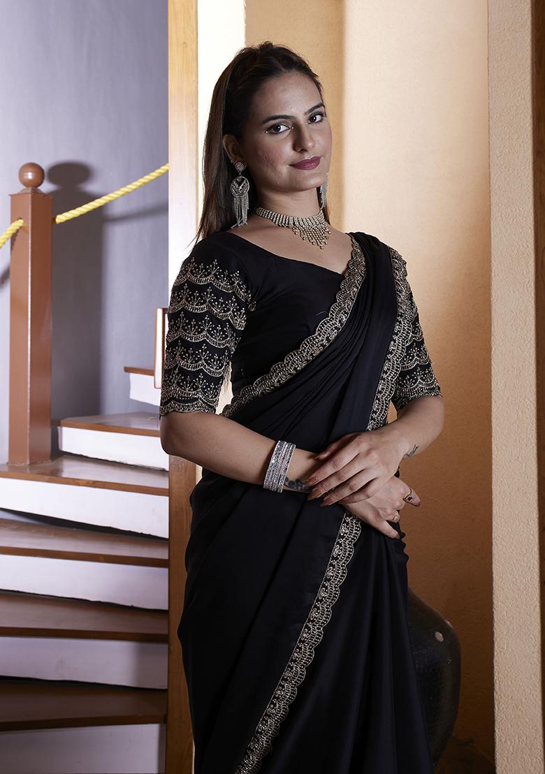 Black Embroidered Chiffon Saree Set