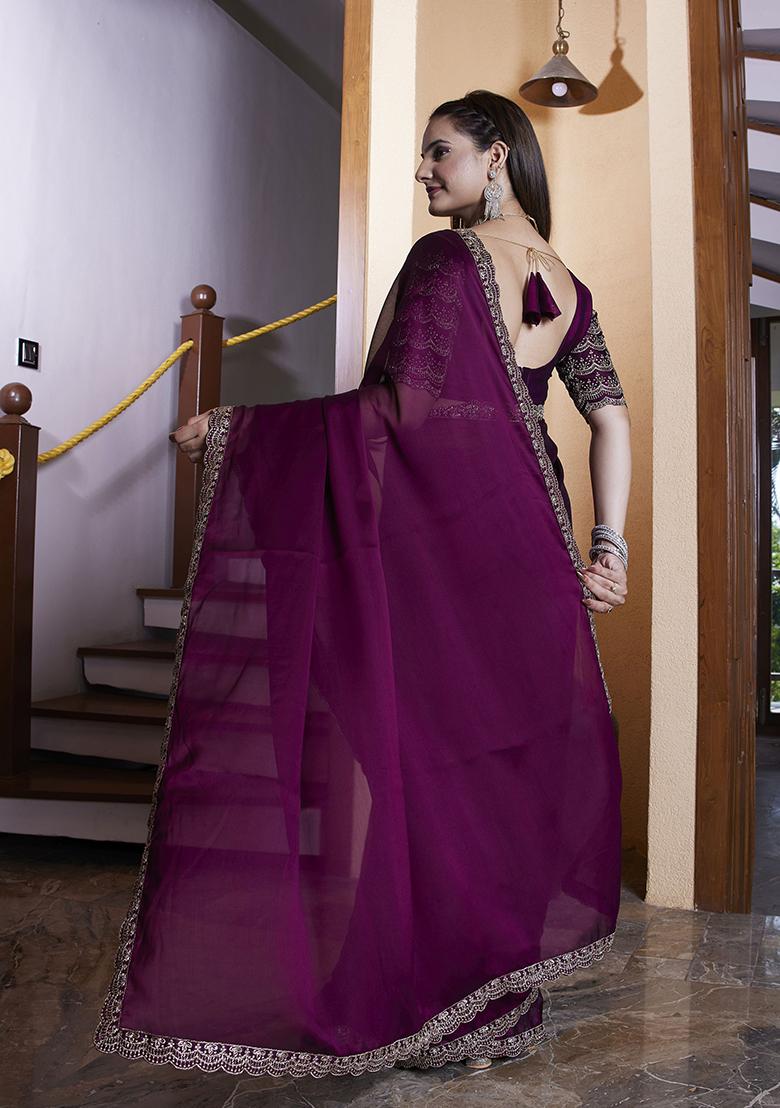 Magenta Embroidered Chiffon Saree Set
