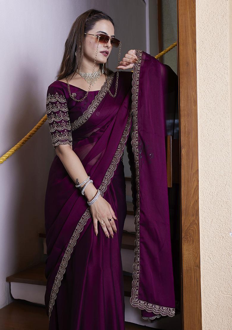 Magenta Embroidered Chiffon Saree Set