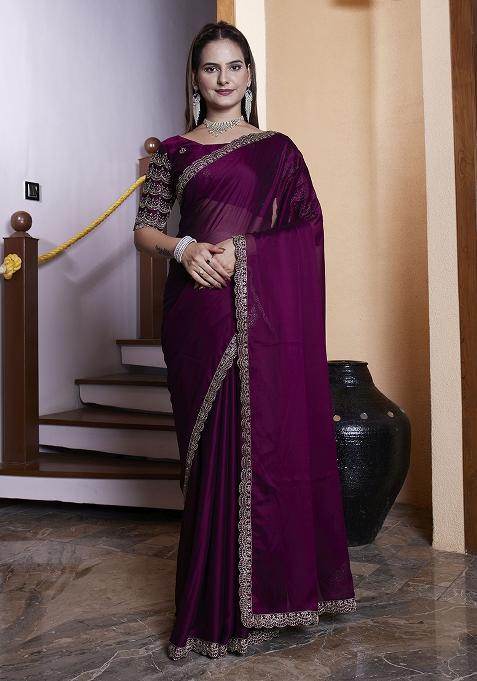 Magenta Embroidered Chiffon Saree Set
