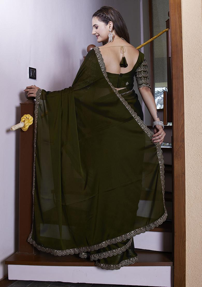 Mahendi Green Embroidered Chiffon Saree Set