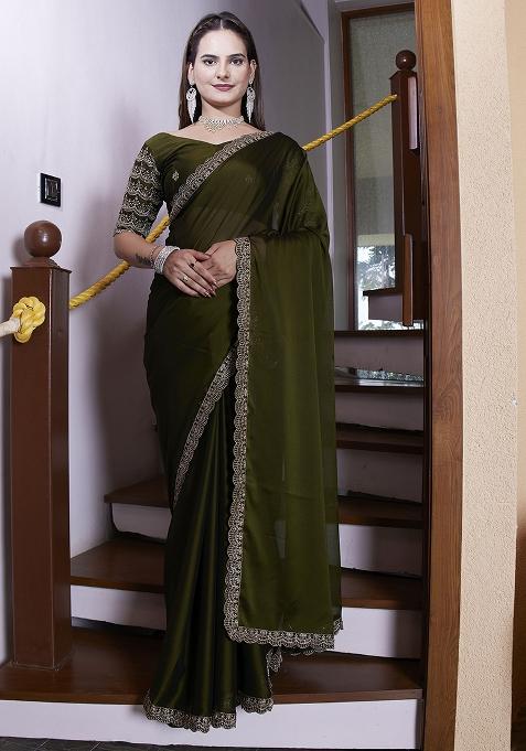 Mahendi Green Embroidered Chiffon Saree Set