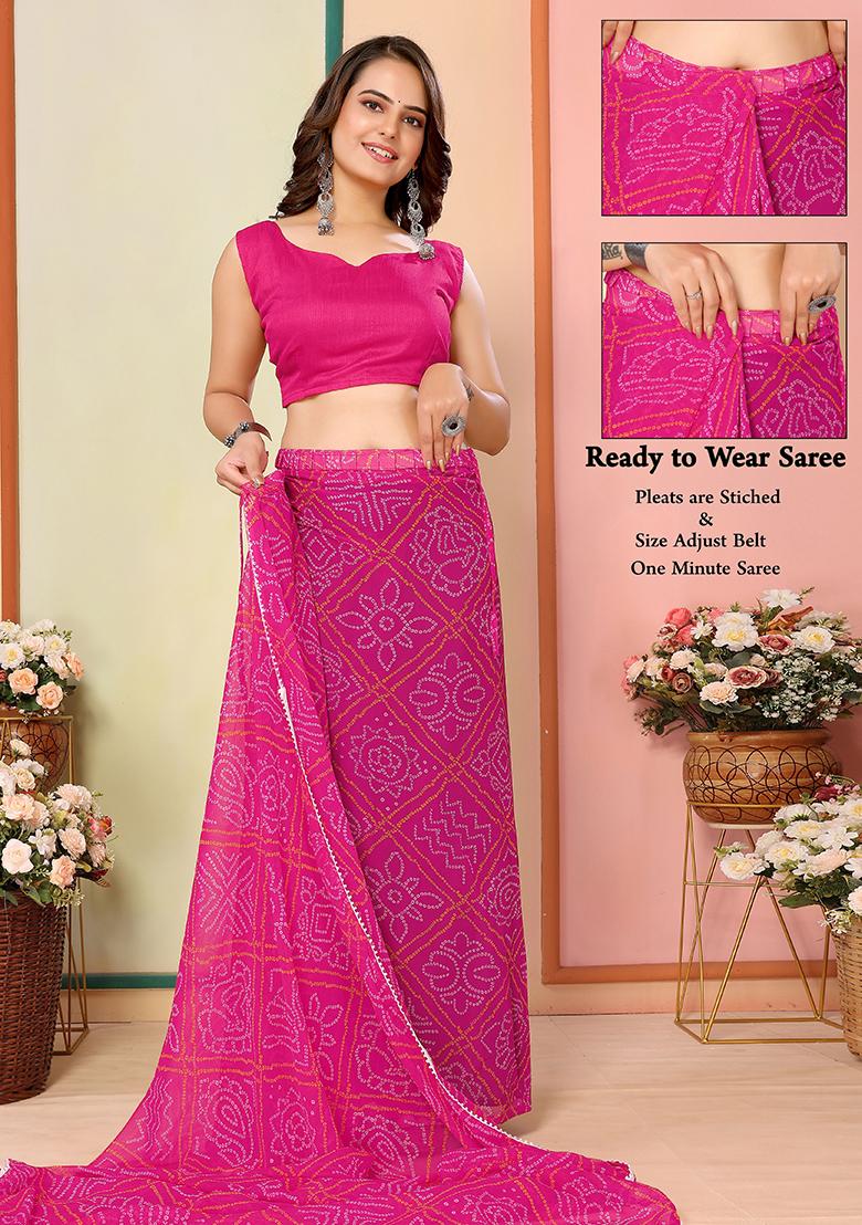 Pink Designer Printed Georgette Pre Stitched Saree