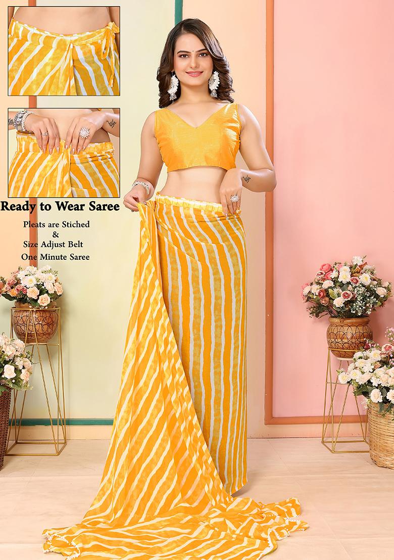 Yellow Designer Printed Georgette Pre Stitched Saree