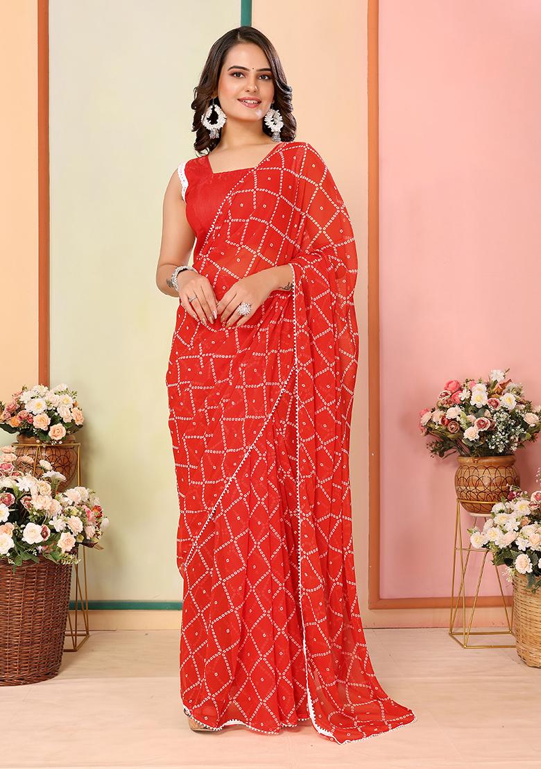 Red Designer Printed Georgette Pre Stitched Saree