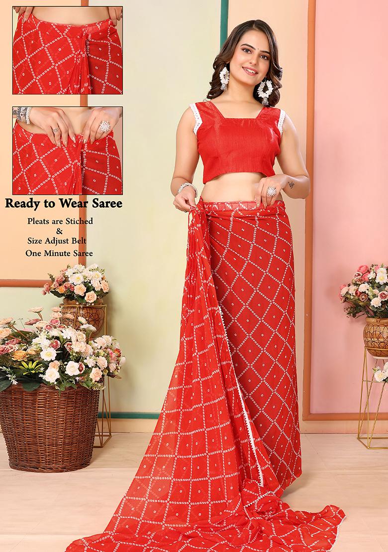 Red Designer Printed Georgette Pre Stitched Saree