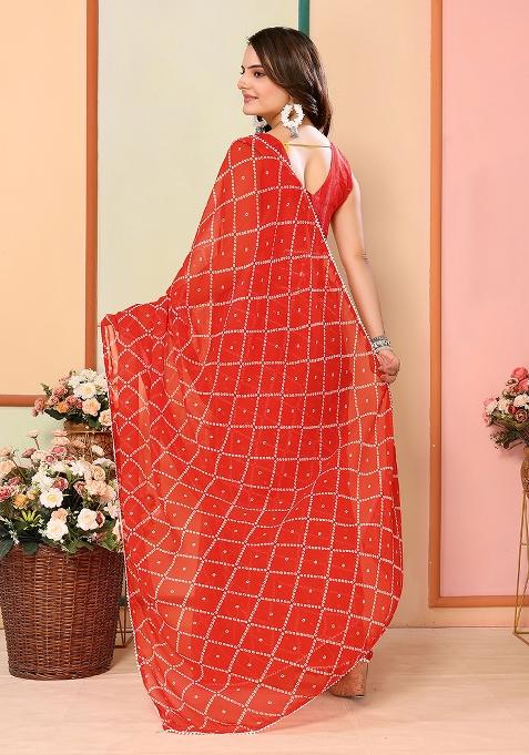 Red Designer Printed Georgette Pre Stitched Saree