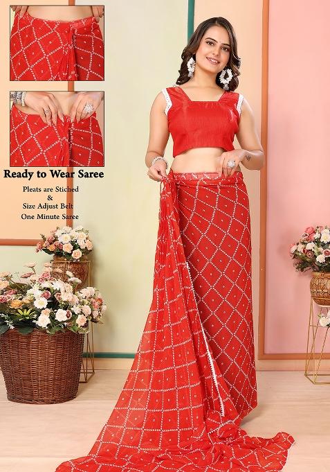 Red Designer Printed Georgette Pre Stitched Saree