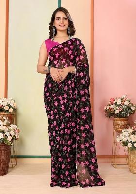 Black Designer Printed Georgette Pre Stitched Saree
