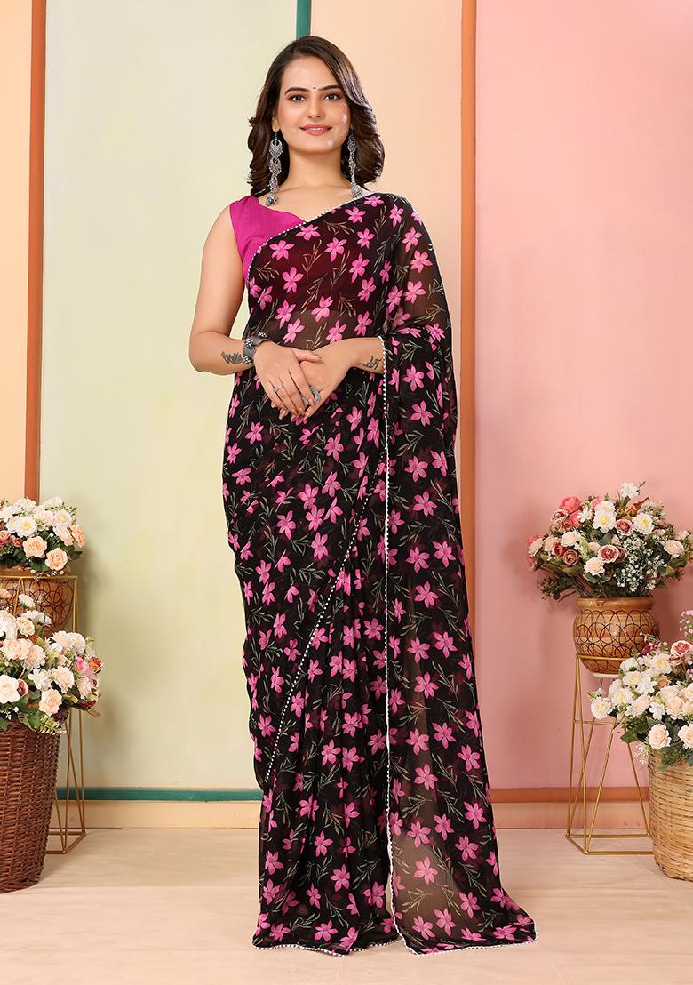 Black Designer Printed Georgette Pre Stitched Saree