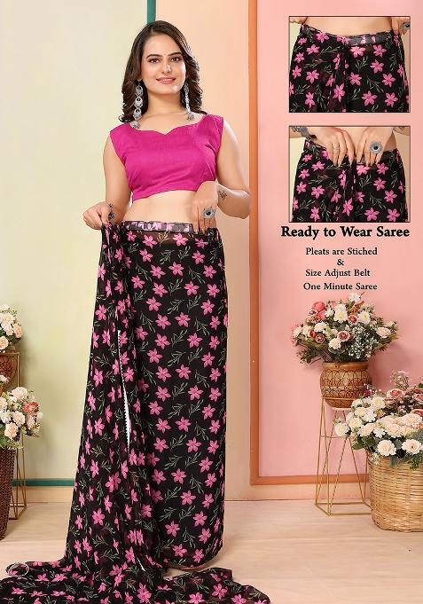 Black Designer Printed Georgette Pre Stitched Saree