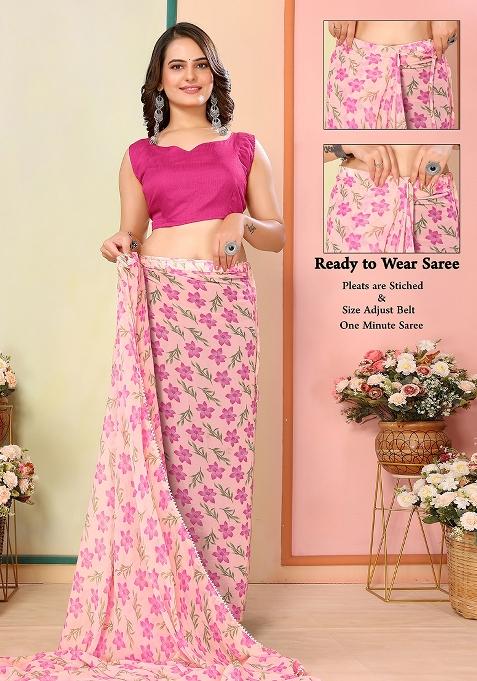 Pink Designer Printed Georgette Pre Stitched Saree