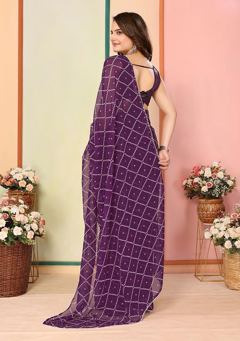 Purple Designer Printed Georgette Pre Stitched Saree