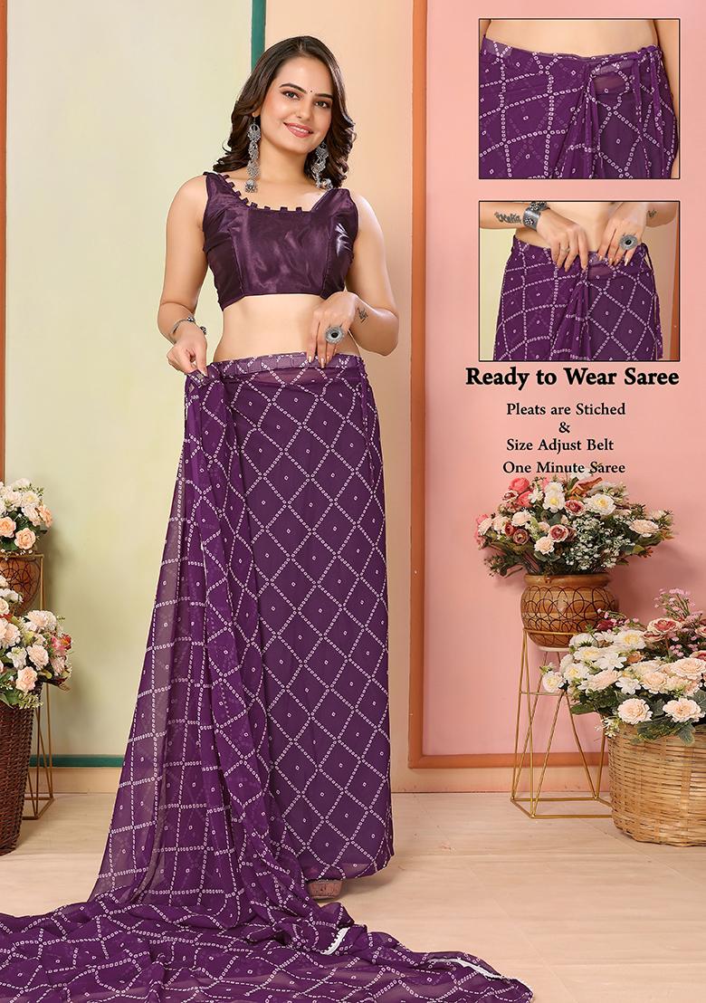 Purple Designer Printed Georgette Pre Stitched Saree