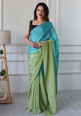 Aqua Green Pedding Color Solid Chinon Pre Stitched Saree