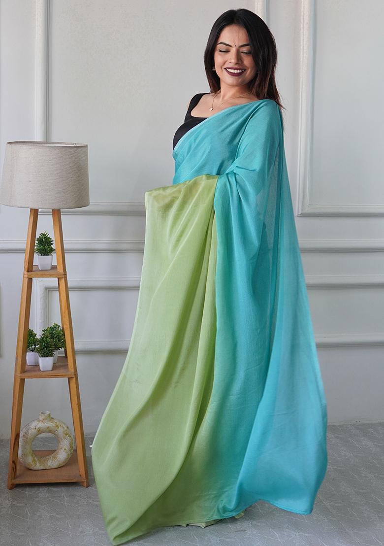 Aqua Green Pedding Color Solid Chinon Pre Stitched Saree