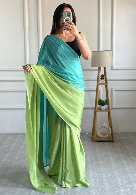 Aqua Green Pedding Color Solid Chinon Pre Stitched Saree