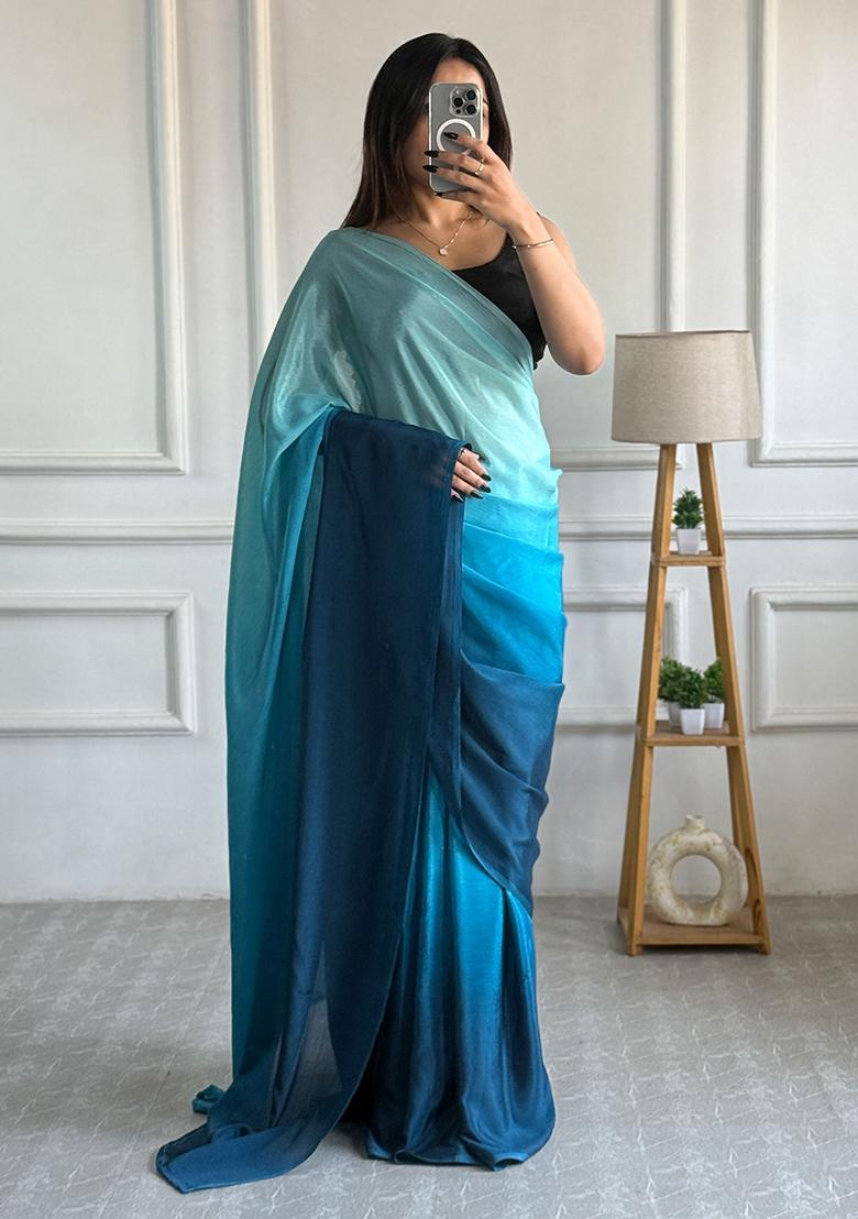 Blue Pedding Color Solid Chinon Pre Stitched Saree