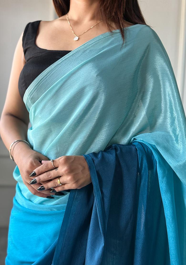 Blue Pedding Color Solid Chinon Pre Stitched Saree