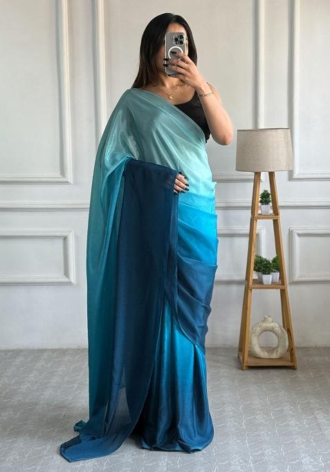 Blue Pedding Color Solid Chinon Pre Stitched Saree