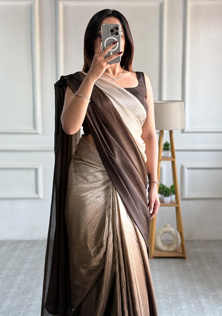 Chiku Brown Pedding Color Solid Chinon Pre Stitched Saree