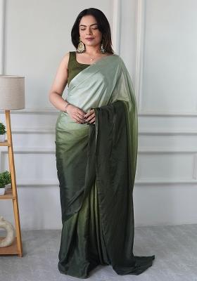 Green Pedding Color Solid Chinon Pre Stitched Saree