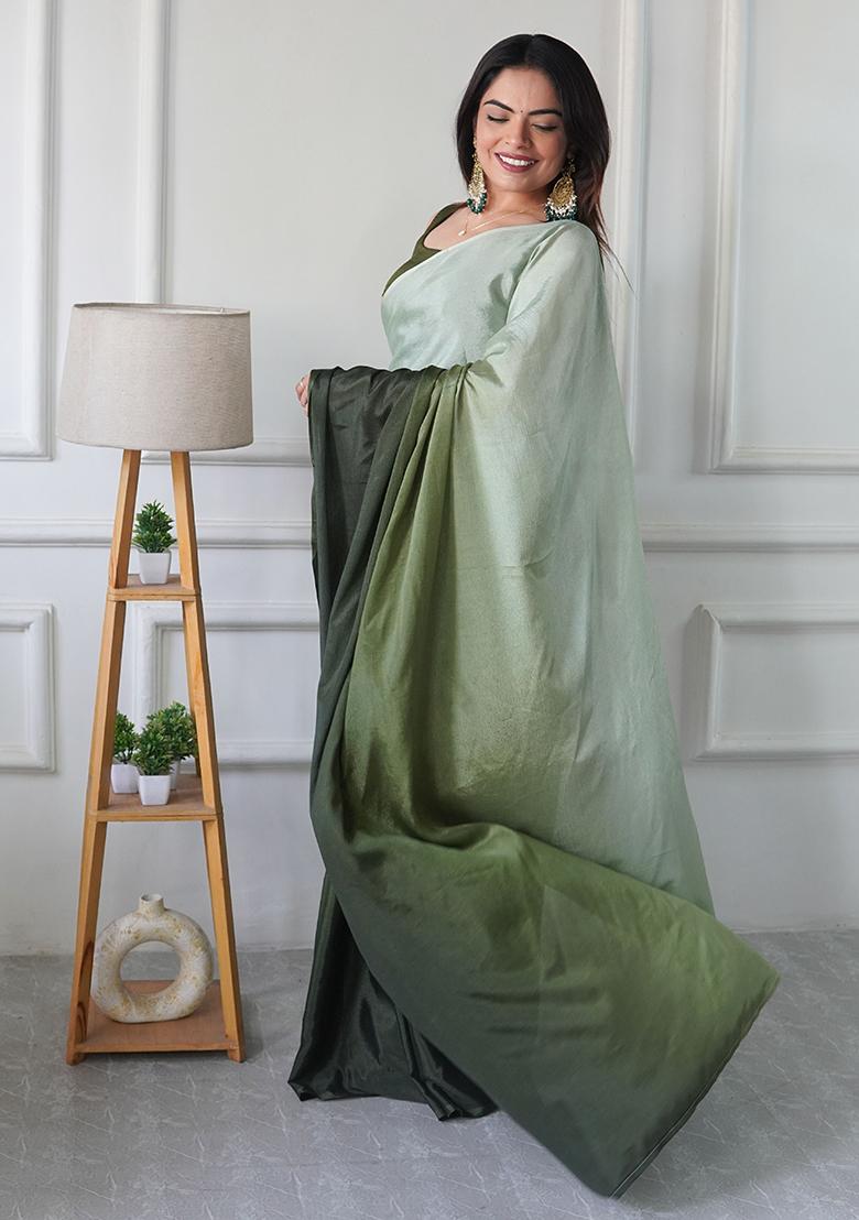 Green Pedding Color Solid Chinon Pre Stitched Saree