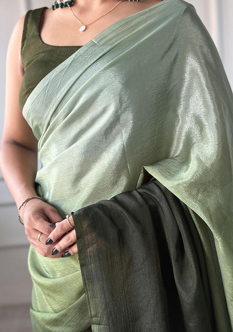Green Pedding Color Solid Chinon Pre Stitched Saree