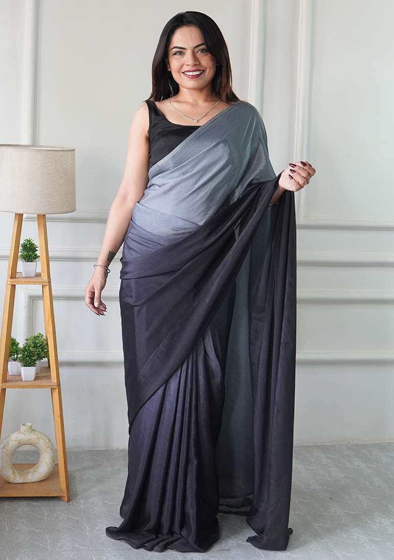Grey Pedding Color Solid Chinon Pre Stitched Saree - Indya
