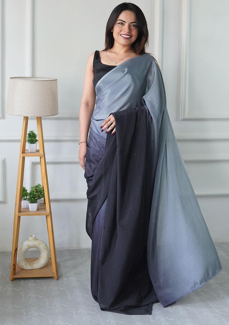 Grey Pedding Color Solid Chinon Pre Stitched Saree