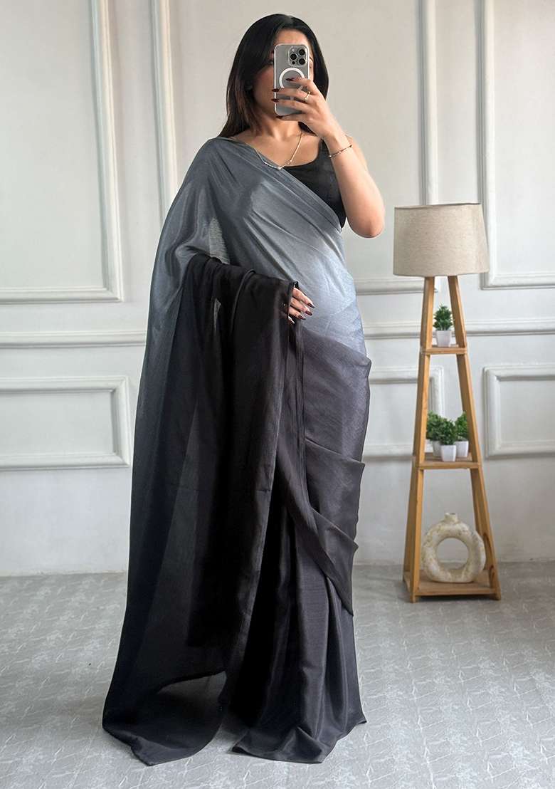 Grey Pedding Color Solid Chinon Pre Stitched Saree - Indya