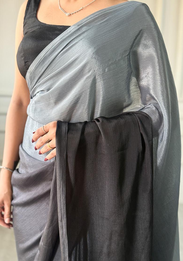 Grey Pedding Color Solid Chinon Pre Stitched Saree