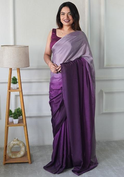 Lavender Pedding Color Solid Chinon Pre Stitched Saree