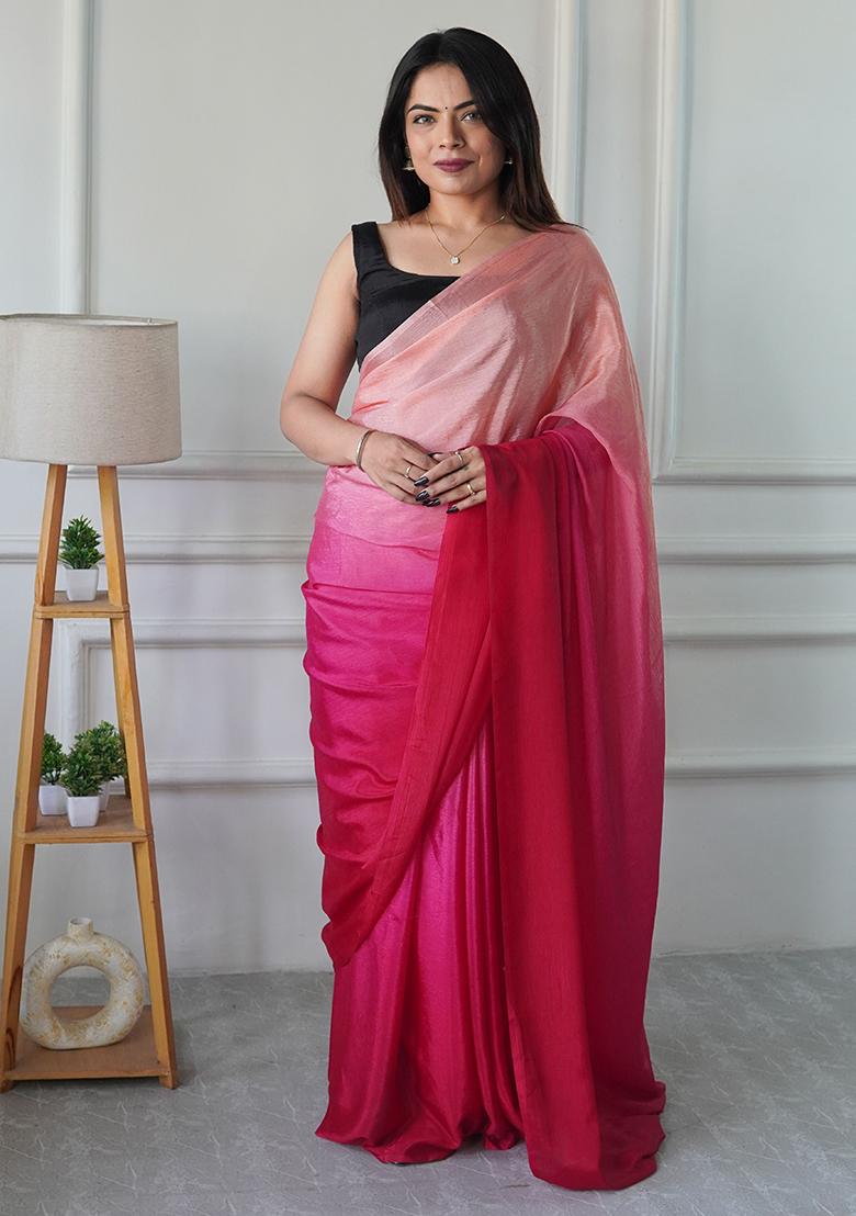 Pink Pedding Color Solid Chinon Pre Stitched Saree
