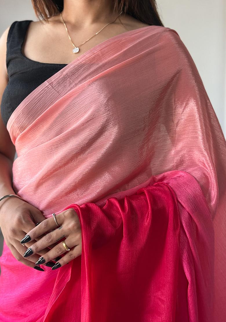 Pink Pedding Color Solid Chinon Pre Stitched Saree