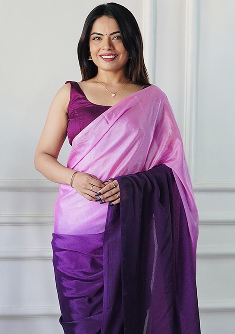 Purple Pedding Color Solid Chinon Pre Stitched Saree