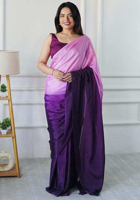 Purple Pedding Color Solid Chinon Pre Stitched Saree